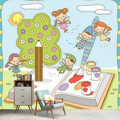 Frendorf | Fantasy Kids mit Buch Wandbilder Tapete Cartoon Vlieswandkunst in Blau und Grün