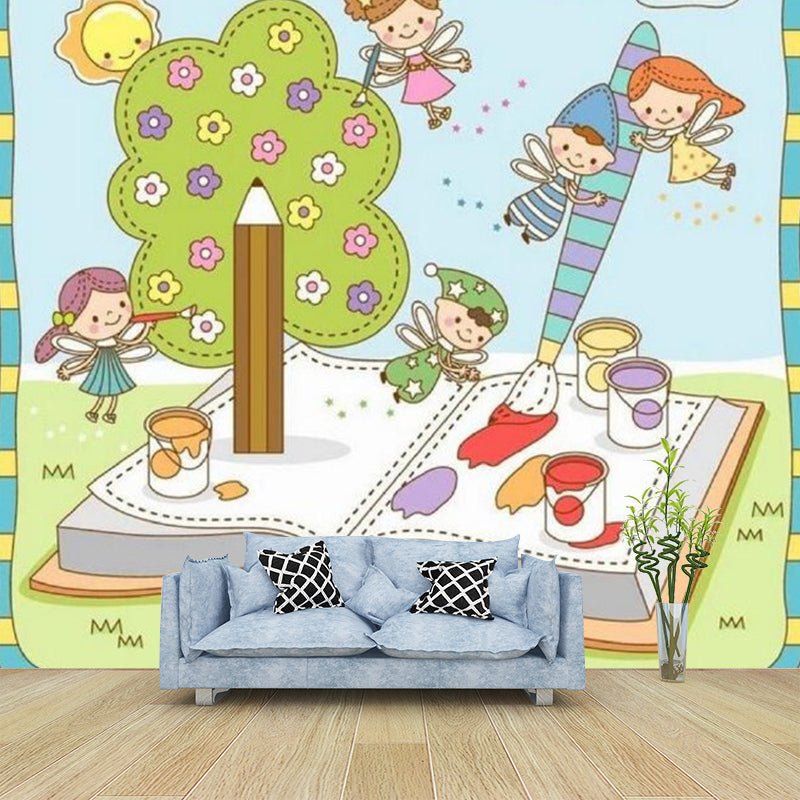 Frendorf | Fantasy Kids mit Buch Wandbilder Tapete Cartoon Vlieswandkunst in Blau und Grün