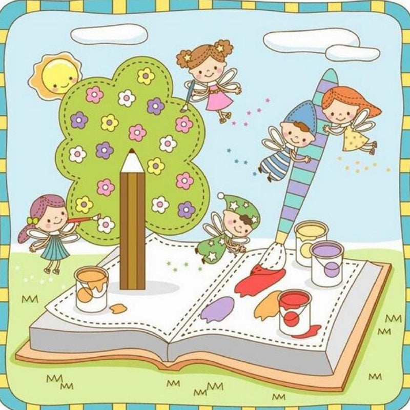 Frendorf | Fantasy Kids mit Buch Wandbilder Tapete Cartoon Vlieswandkunst in Blau und Grün