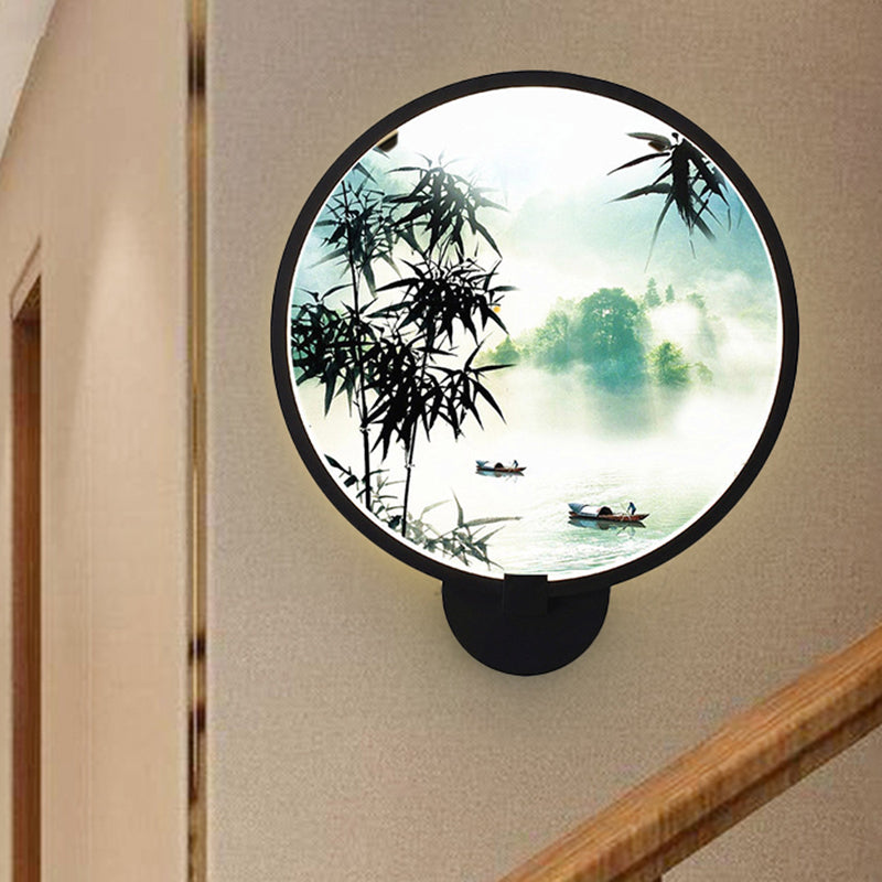 Frendorf | Asiatische stijl afgeronde natuurlijke landschap muurschildering lichte acryl LED woonkamer wandlamp in zwart