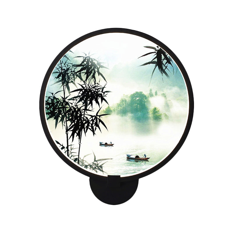 Frendorf | Asiatische stijl afgeronde natuurlijke landschap muurschildering lichte acryl LED woonkamer wandlamp in zwart