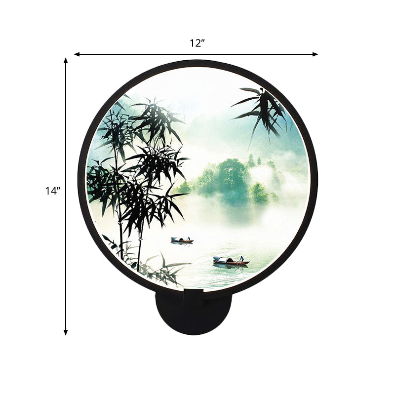 Frendorf | Asiatische stijl afgeronde natuurlijke landschap muurschildering lichte acryl LED woonkamer wandlamp in zwart