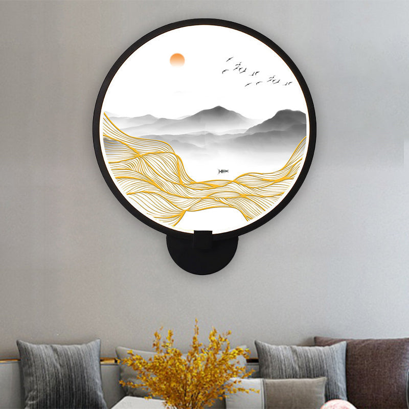 Frendorf | Asiatische stijl afgeronde natuurlijke landschap muurschildering lichte acryl LED woonkamer wandlamp in zwart