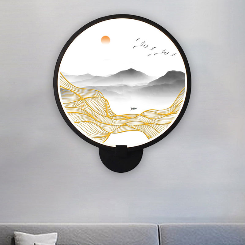 Frendorf | Asiatische stijl afgeronde natuurlijke landschap muurschildering lichte acryl LED woonkamer wandlamp in zwart