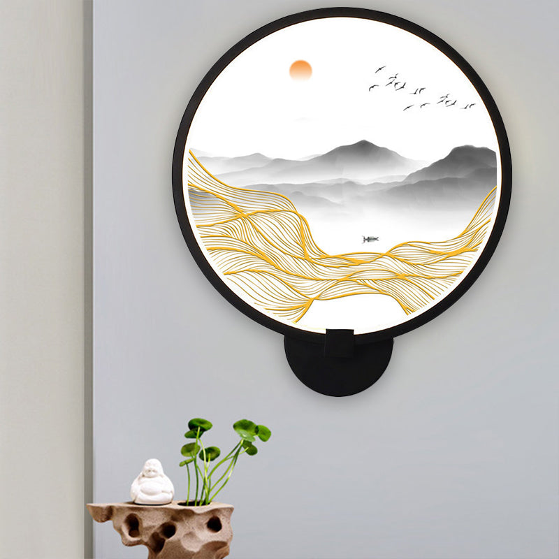Frendorf | Asiatische stijl afgeronde natuurlijke landschap muurschildering lichte acryl LED woonkamer wandlamp in zwart