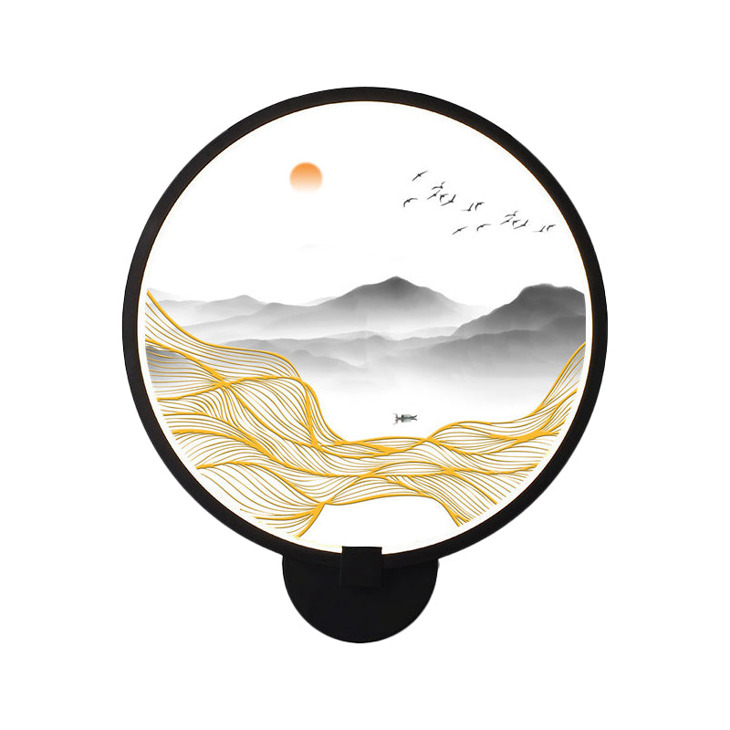 Frendorf | Asiatische stijl afgeronde natuurlijke landschap muurschildering lichte acryl LED woonkamer wandlamp in zwart