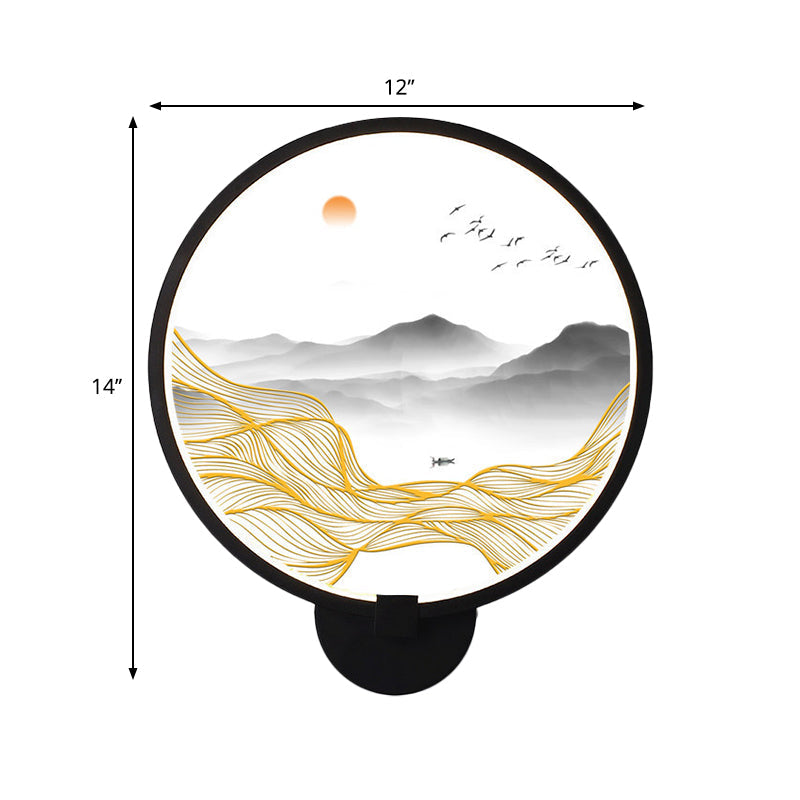 Frendorf | Asiatische stijl afgeronde natuurlijke landschap muurschildering lichte acryl LED woonkamer wandlamp in zwart