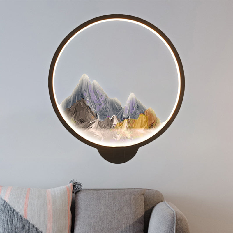 LED Flur Wandmural Lampe im chinesischen Stil Schwarz/Weiß Bergmuster Wandbeleuchtung Idee mit kreisförmigem Metallschirm