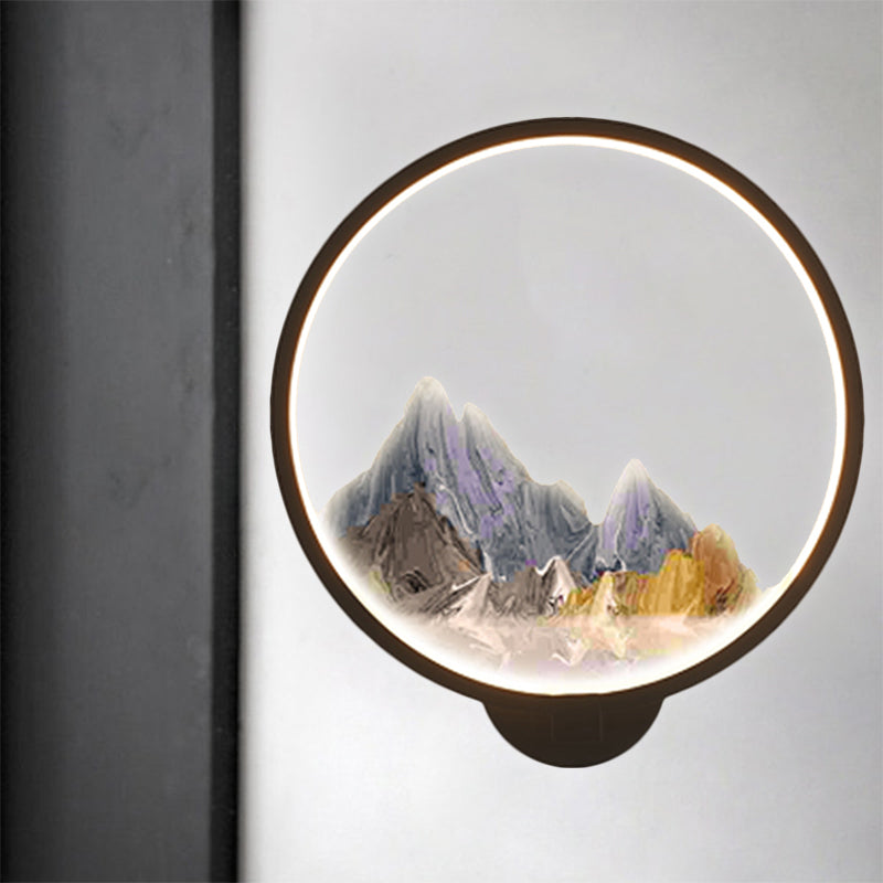 LED Flur Wandmural Lampe im chinesischen Stil Schwarz/Weiß Bergmuster Wandbeleuchtung Idee mit kreisförmigem Metallschirm