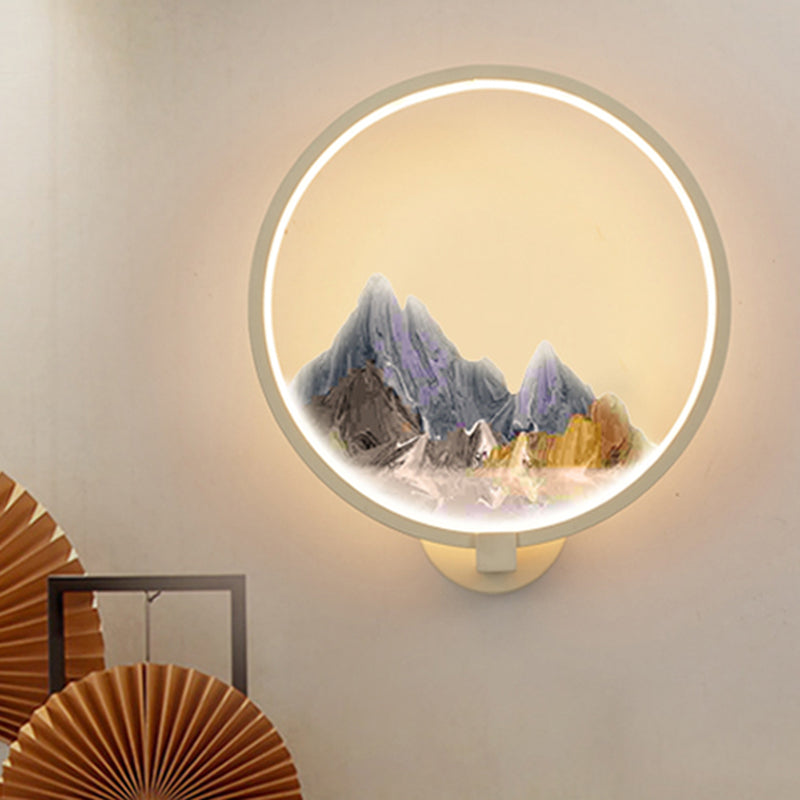 LED Flur Wandmural Lampe im chinesischen Stil Schwarz/Weiß Bergmuster Wandbeleuchtung Idee mit kreisförmigem Metallschirm