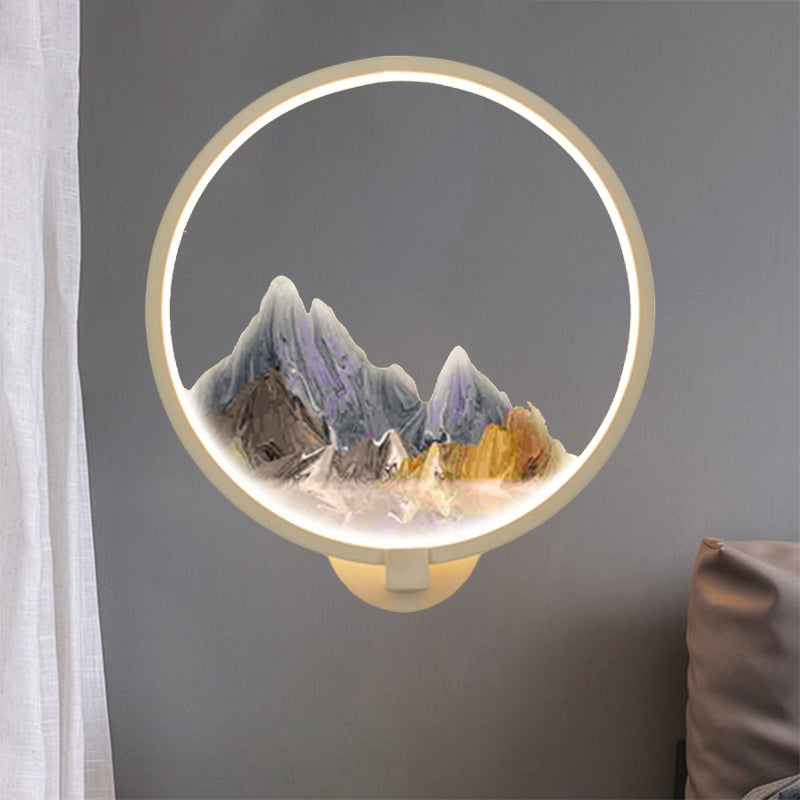 LED Flur Wandmural Lampe im chinesischen Stil Schwarz/Weiß Bergmuster Wandbeleuchtung Idee mit kreisförmigem Metallschirm