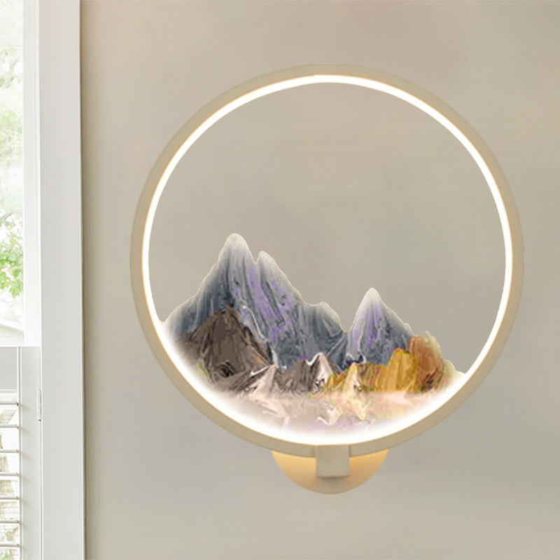 LED Flur Wandmural Lampe im chinesischen Stil Schwarz/Weiß Bergmuster Wandbeleuchtung Idee mit kreisförmigem Metallschirm