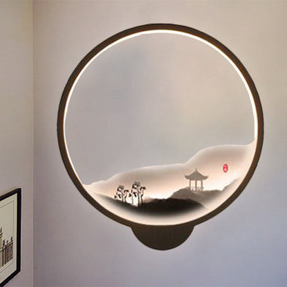 LED Flur Wandmural Lampe Chinesischer Stil Schwarz/Weiß Bergmuster Wandbeleuchtung Idee mit Rundem Metallschirm