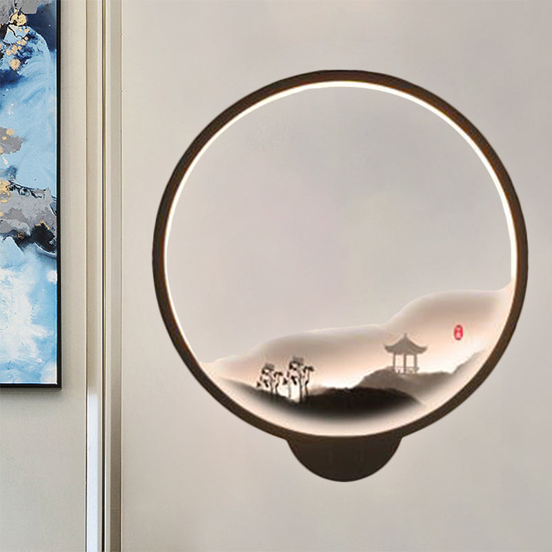 LED Flur Wandmural Lampe im chinesischen Stil Schwarz/Weiß Bergmuster Wandbeleuchtung Idee mit kreisförmigem Metallschirm