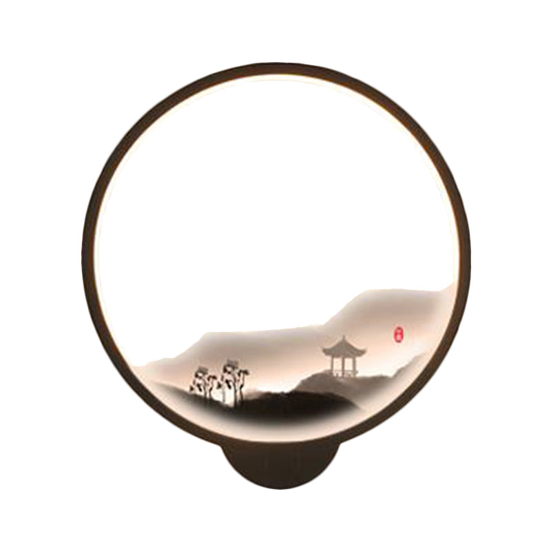 LED Flur Wandmural Lampe im chinesischen Stil Schwarz/Weiß Bergmuster Wandbeleuchtung Idee mit kreisförmigem Metallschirm