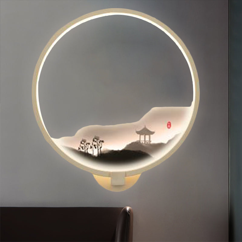 LED Flur Wandmural Lampe im chinesischen Stil Schwarz/Weiß Bergmuster Wandbeleuchtung Idee mit kreisförmigem Metallschirm