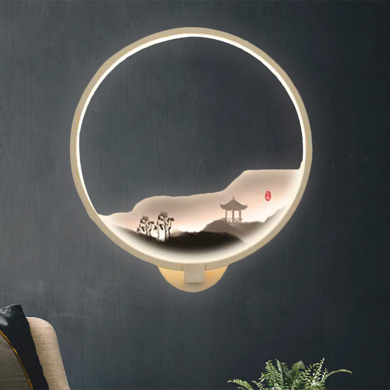 LED Flur Wandmural Lampe im chinesischen Stil Schwarz/Weiß Bergmuster Wandbeleuchtung Idee mit kreisförmigem Metallschirm