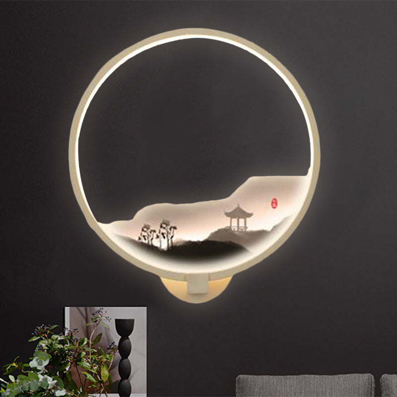 LED Flur Wandmural Lampe im chinesischen Stil Schwarz/Weiß Bergmuster Wandbeleuchtung Idee mit kreisförmigem Metallschirm