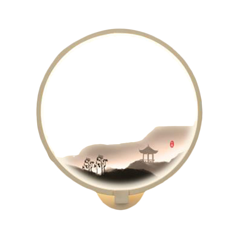 LED Flur Wandmural Lampe im chinesischen Stil Schwarz/Weiß Bergmuster Wandbeleuchtung Idee mit kreisförmigem Metallschirm