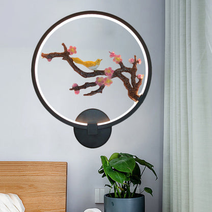 Frendorf | Geronde Pruimenbloesems Wanddecoratie Lichte Oosterse Stijl Metallische LED Zwarte Wandmontage Verlichting