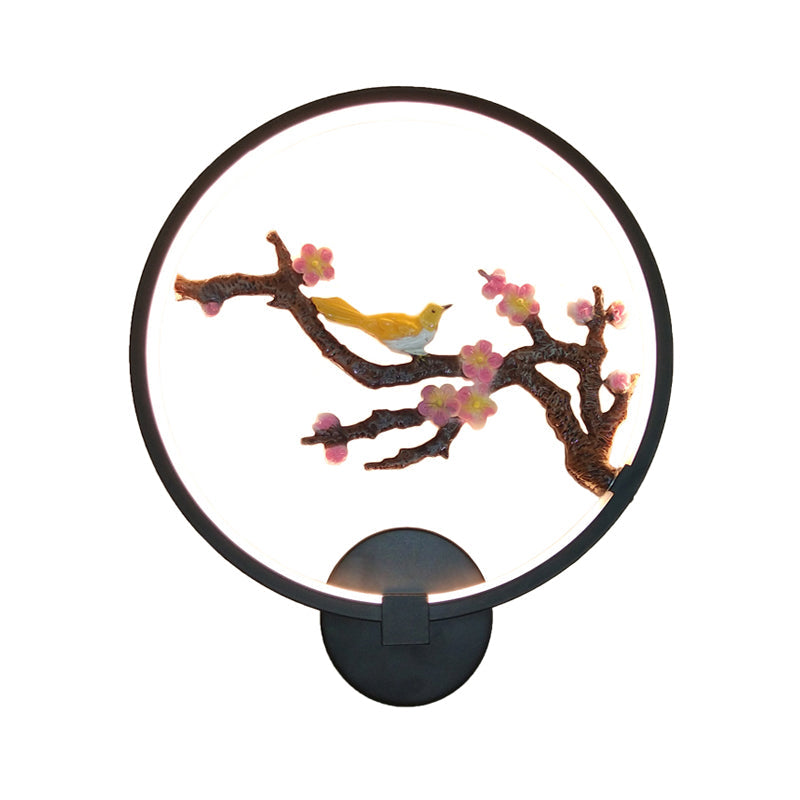 Frendorf | Geronde Pruimenbloesems Wanddecoratie Lichte Oosterse Stijl Metallische LED Zwarte Wandmontage Verlichting