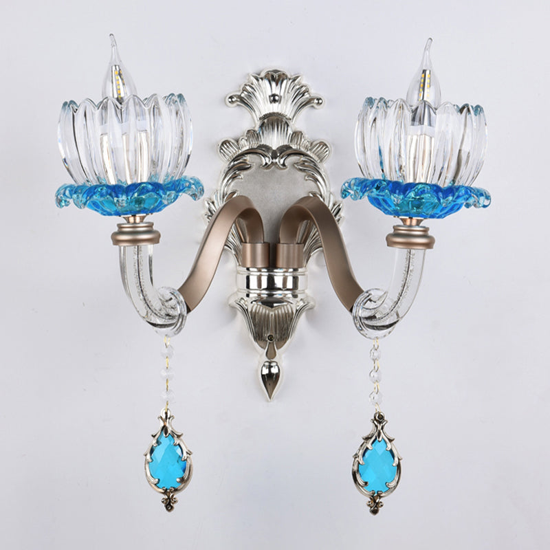 Frendorf | 1/2-Head Lotus Wandlamp Retro Blauw en Helder Glas Wandverlichting voor Eetkamer