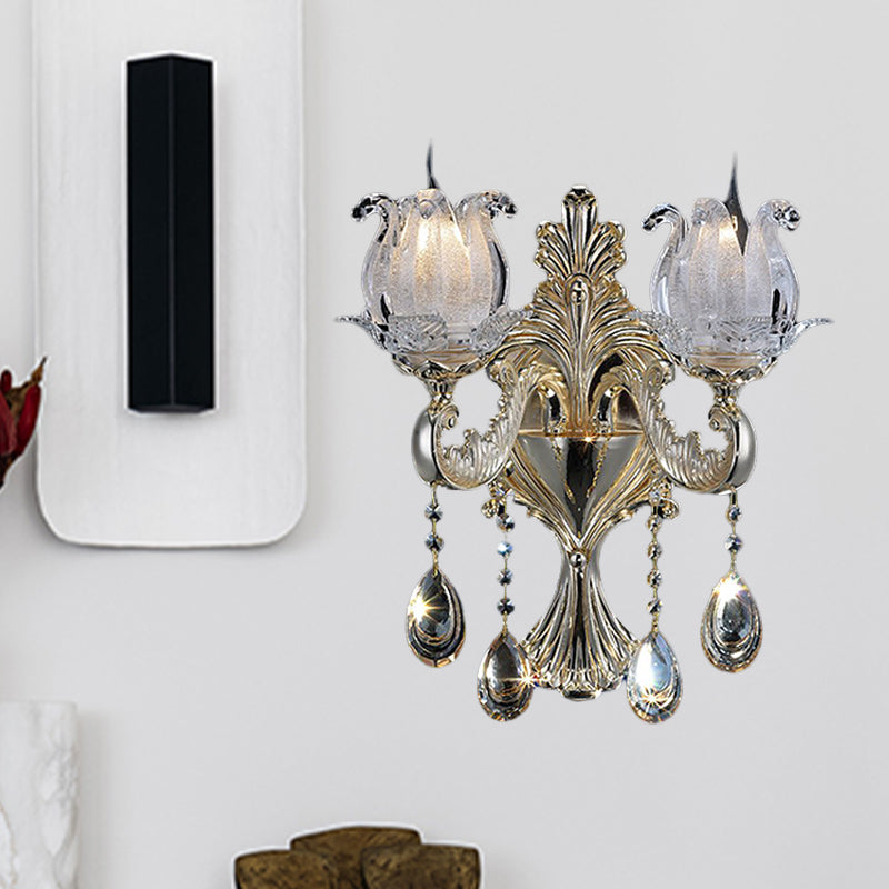Frendorf | 1/2-Licht Frosted Glas Wandleuchte Traditionell Gold Semi-Offene Blume Wohnzimmer Wandmontiert Licht