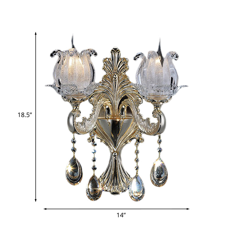 Frendorf | 1/2-Licht Frosted Glas Wandleuchte Traditionell Gold Semi-Offene Blume Wohnzimmer Wandmontiert Licht