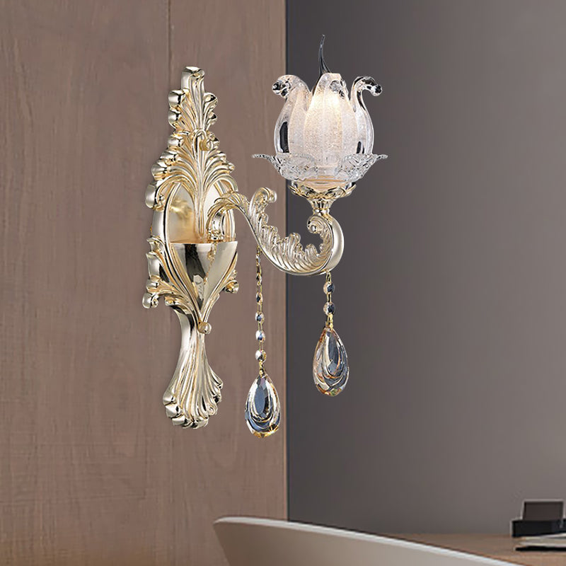 Frendorf | 1/2-Licht Frosted Glas Wandleuchte Traditionell Gold Semi-Offene Blume Wohnzimmer Wandmontiert Licht