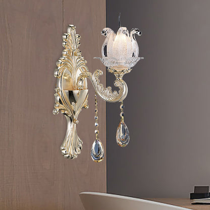 Frendorf | 1/2-Licht Frosted Glas Wandleuchte Traditionell Gold Semi-Offene Blume Wohnzimmer Wandmontiert Licht