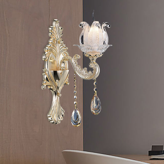 Frendorf | 1/2-Licht Frosted Glas Wandleuchte Traditionell Gold Semi-Offene Blume Wohnzimmer Wandmontiert Licht