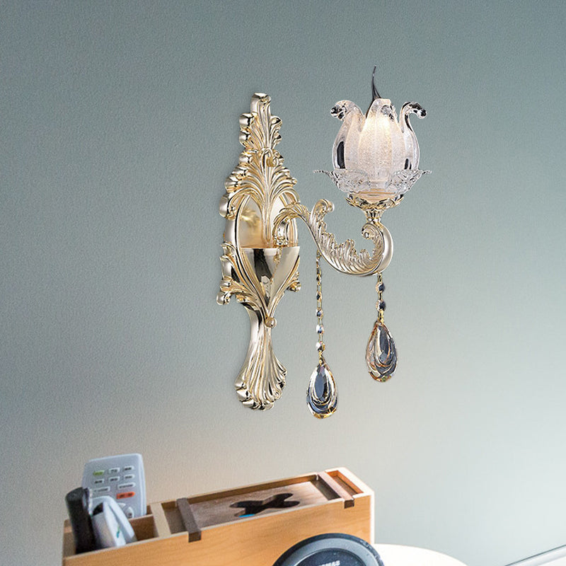 Frendorf | 1/2-Licht Frosted Glas Wandleuchte Traditionell Gold Semi-Offene Blume Wohnzimmer Wandmontiert Licht