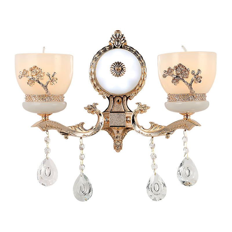 Frendorf | 1/2-Bol Bloem-Relief Kom Wandlamp Rustiek Goud Frosted Glas Wandlamp met Kristal Drop