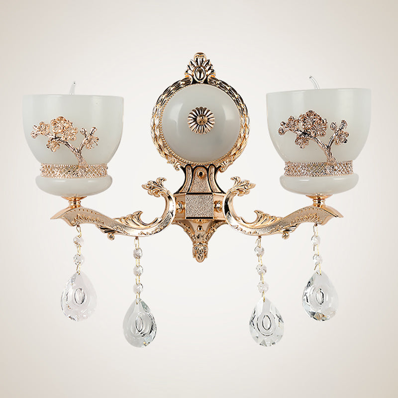 Frendorf | 1/2-Bol Bloem-Relief Kom Wandlamp Rustiek Goud Frosted Glas Wandlamp met Kristal Drop