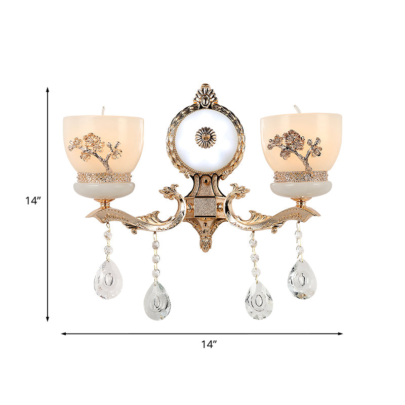 Frendorf | 1/2-Bol Bloem-Relief Kom Wandlamp Rustiek Goud Frosted Glas Wandlamp met Kristal Drop
