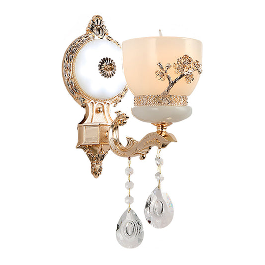 Frendorf | 1/2-Bol Bloem-Relief Kom Wandlamp Rustiek Goud Frosted Glas Wandlamp met Kristal Drop