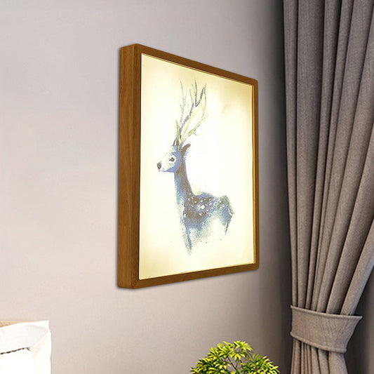 Frendorf | 12"/16" Breedte Vierkante Metallic Muur Lamp Minimalistisch LED Hout Wandgemonteerde Verlichting met Hert Patroon