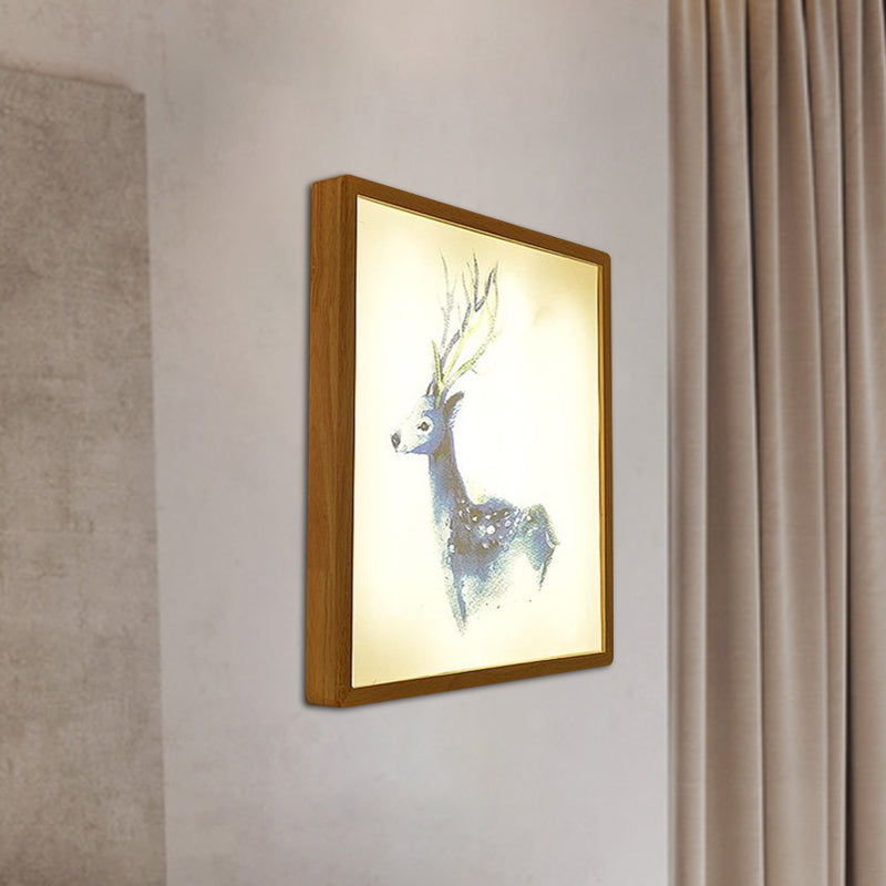Frendorf | 12"/16" Breedte Vierkante Metallic Muur Lamp Minimalistisch LED Hout Wandgemonteerde Verlichting met Hert Patroon