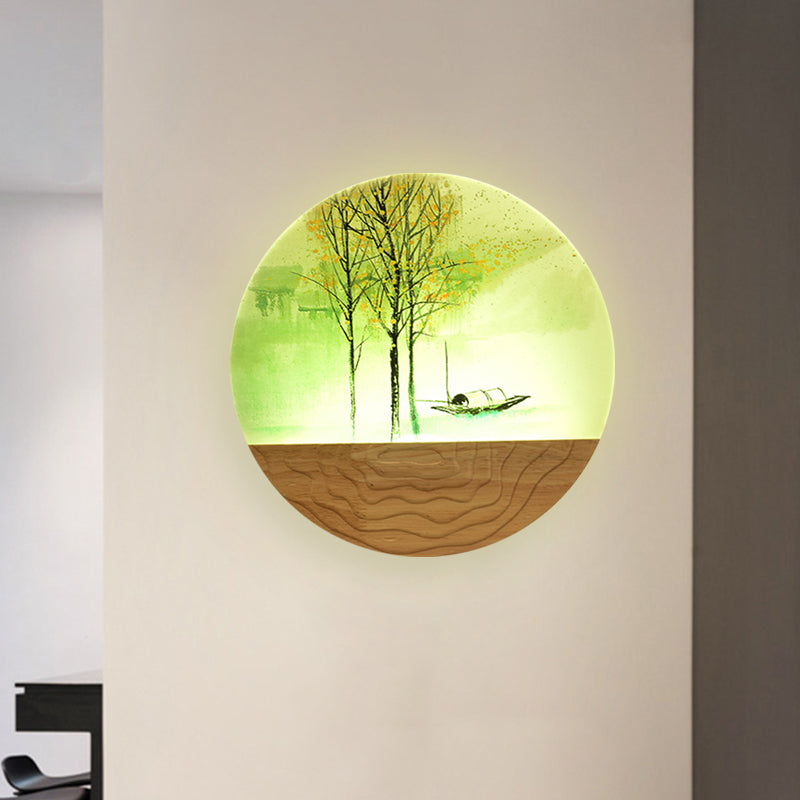 Frendorf | 9.5"/11" Breite Metall Runde Wandmural Licht Asien Stil LED Holz Wandmontierte Beleuchtung mit Boot und Baum Muster