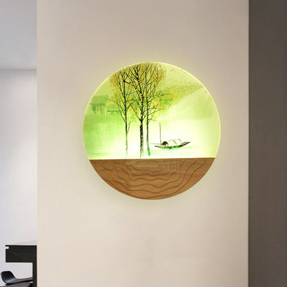 Frendorf | 9.5"/11" Breite Metall Runde Wandmural Licht Asien Stil LED Holz Wandmontierte Beleuchtung mit Boot und Baum Muster