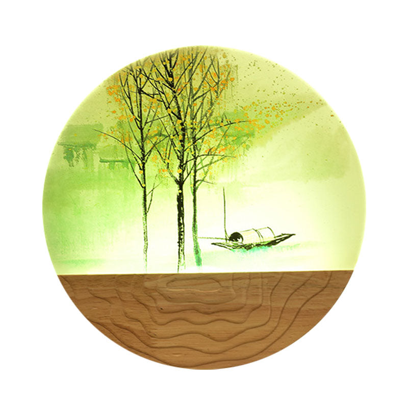 Frendorf | 9.5"/11" Breite Metall Runde Wandmural Licht Asien Stil LED Holz Wandmontierte Beleuchtung mit Boot und Baum Muster