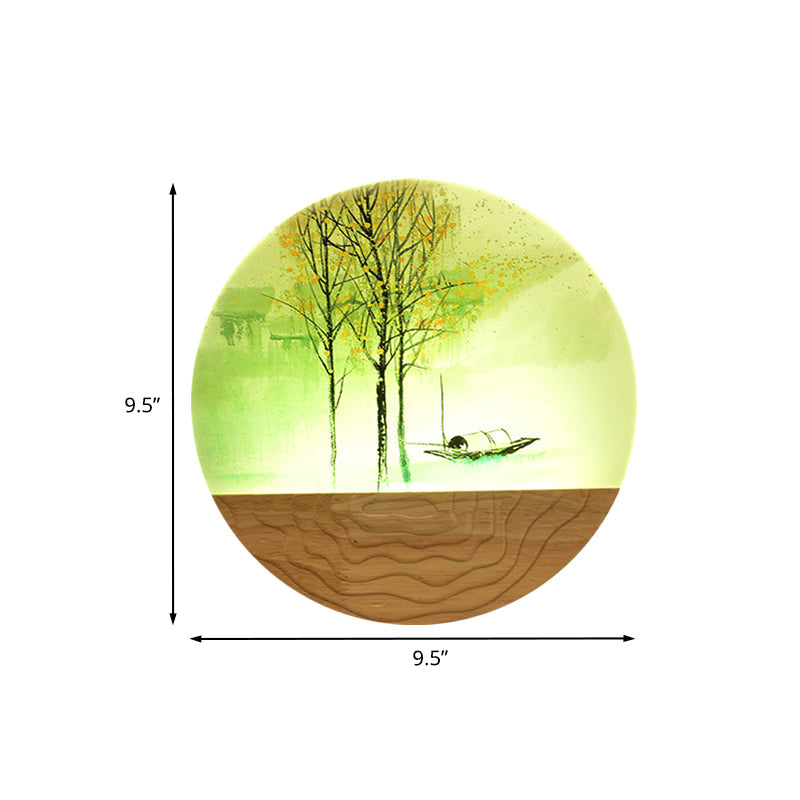 Frendorf | 9.5"/11" Breite Metall Runde Wandmural Licht Asien Stil LED Holz Wandmontierte Beleuchtung mit Boot und Baum Muster