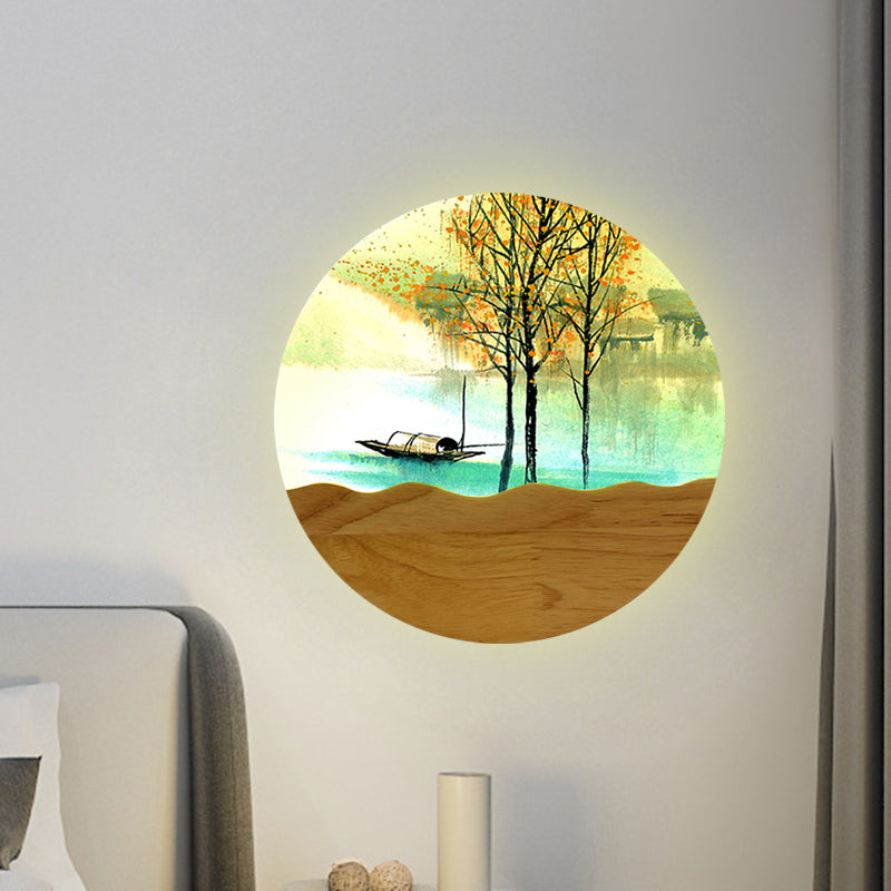 Frendorf | 9.5"/11" Breite Metall Runde Wandmural Licht Asien Stil LED Holz Wandmontierte Beleuchtung mit Boot und Baum Muster