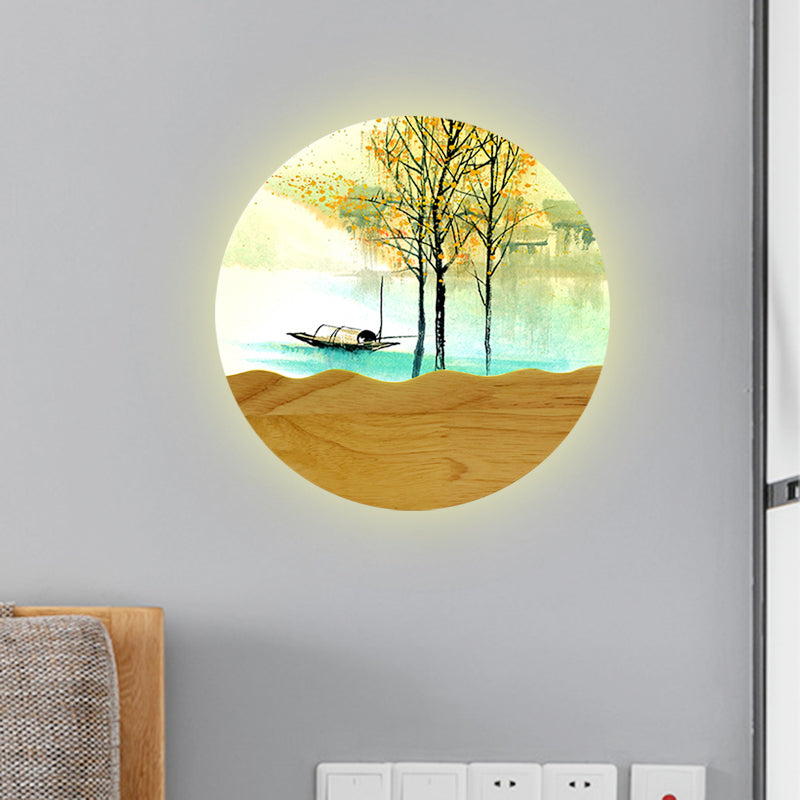 Frendorf | 9.5"/11" Breite Metall Runde Wandmural Licht Asien Stil LED Holz Wandmontierte Beleuchtung mit Boot und Baum Muster