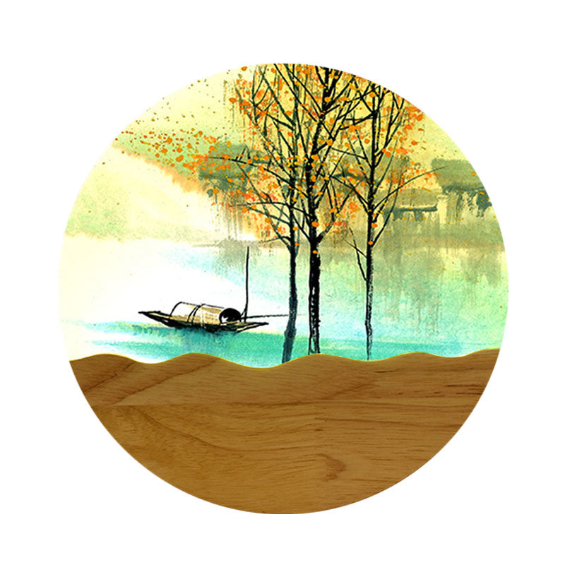 Frendorf | 9.5"/11" Breite Metall Runde Wandmural Licht Asien Stil LED Holz Wandmontierte Beleuchtung mit Boot und Baum Muster