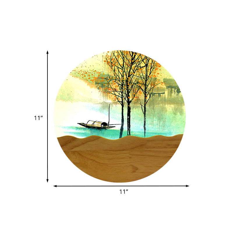 Frendorf | 9.5"/11" Breite Metall Runde Wandmural Licht Asien Stil LED Holz Wandmontierte Beleuchtung mit Boot und Baum Muster