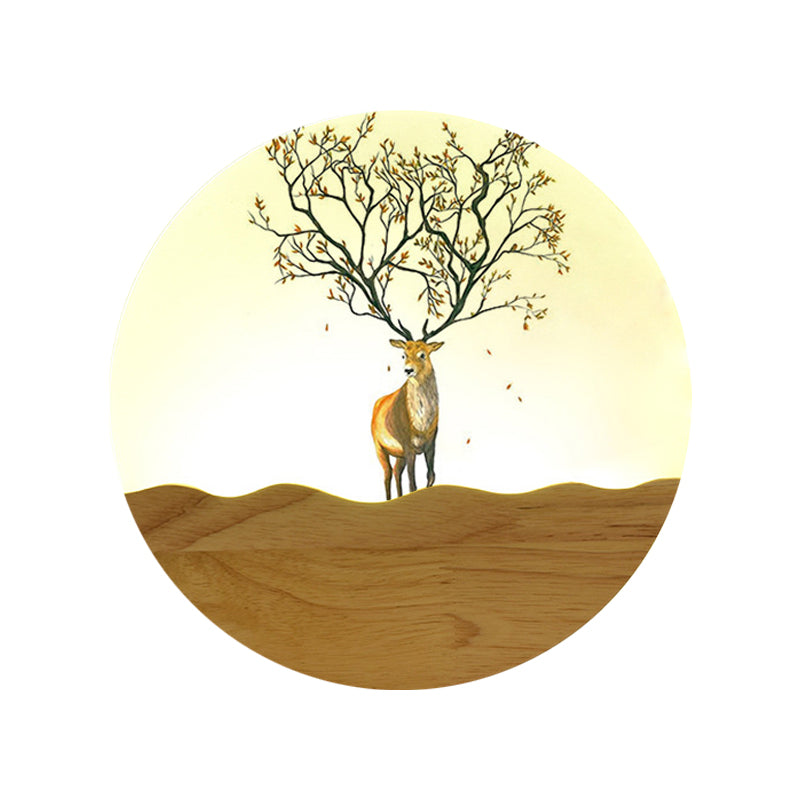 LED Nachttisch Wandbeleuchtung Idee Minimalistischer Stil Holz Elch Reh und Baum Muster Wandlampe mit runder Metallabdeckung