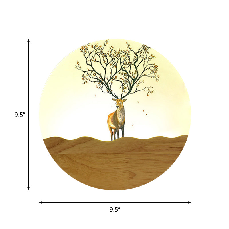 LED Nachttisch Wandbeleuchtung Idee Minimalistischer Stil Holz Elch Reh und Baum Muster Wandlampe mit runder Metallabdeckung