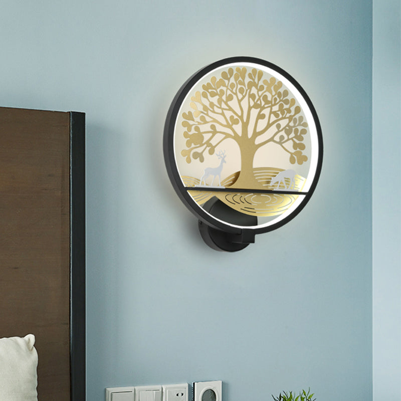Frendorf | Schwarz/Weiß Rund Baum Wandmontierte Lampe Postmodern LED Metall Wandlicht für Nachttisch, Warm/Weiß Licht