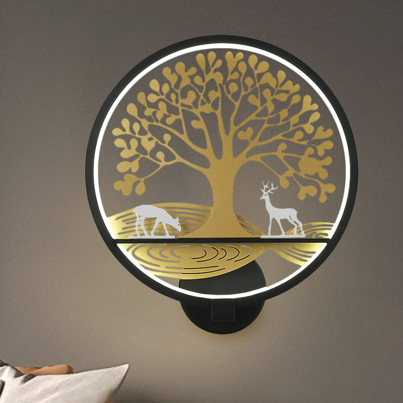 Frendorf | Schwarz/Weiß Rund Baum Wandmontierte Lampe Postmodern LED Metall Wandlicht für Nachttisch, Warm/Weiß Licht